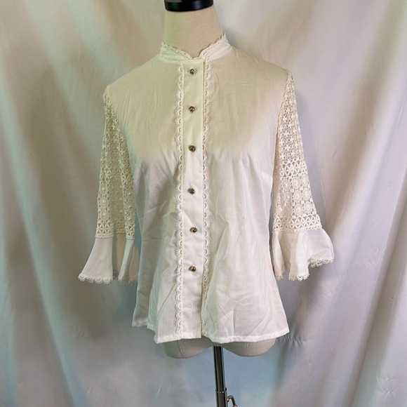 Vintage Cream Button Shirt with Lace and Bell Sleeves - Picture 2 of 9